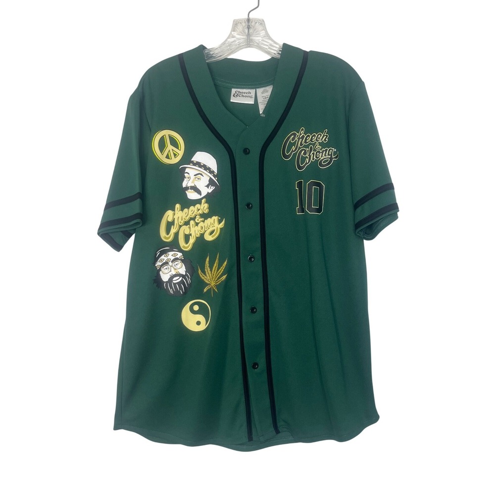 Cheech & Chong Mens Baseball Jersey Button Front Large Green New Graphic
